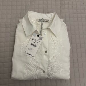 Zara white Embroidered Collared Shirt